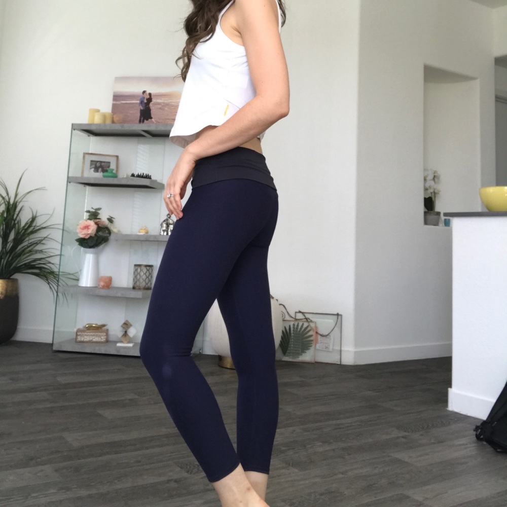 Navy Foldover Athletic Leggings with Black Band, S